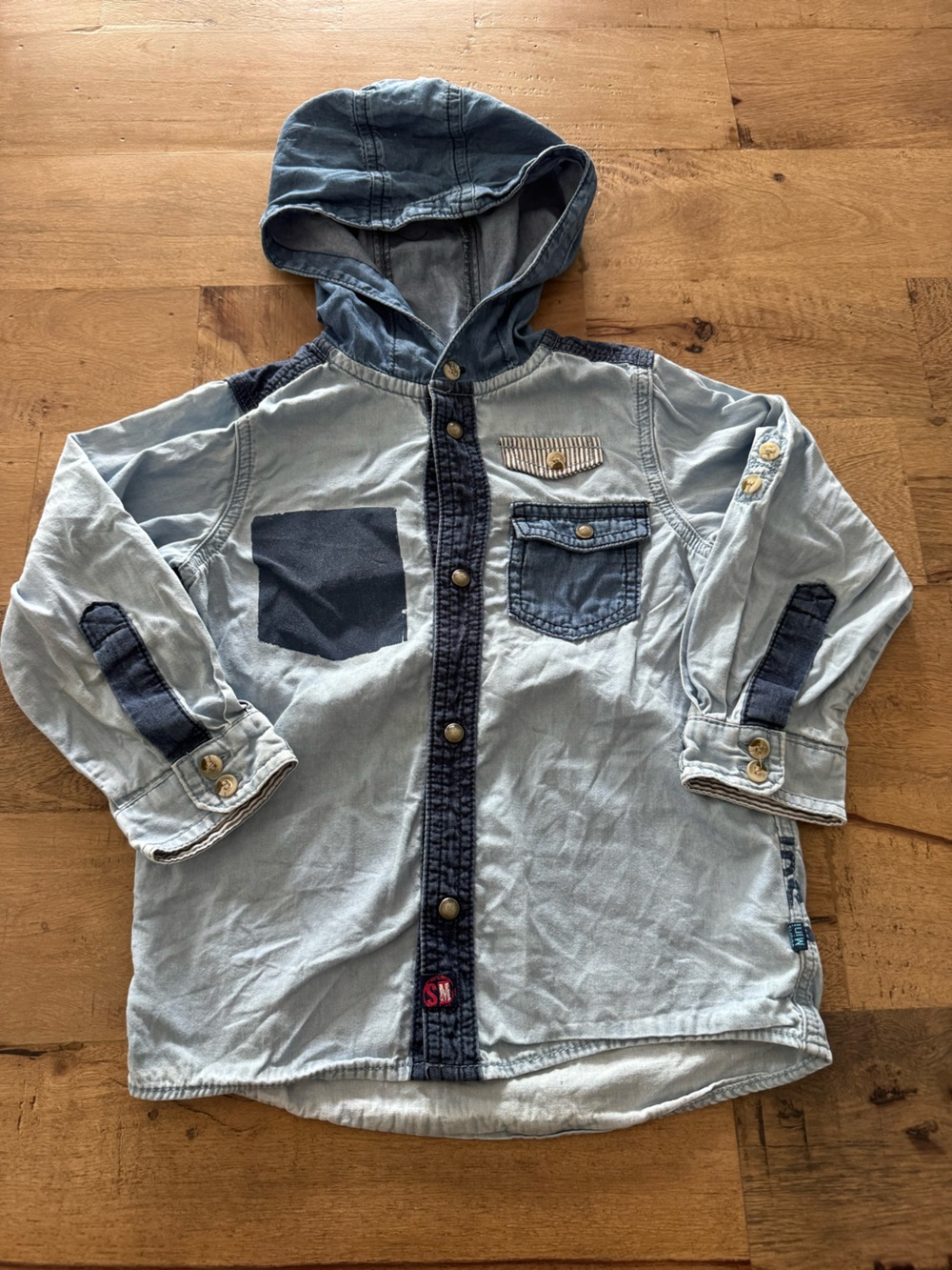 Souris Mini Kids Light Blue Denim Hooded shirt sz 4 100% cotton